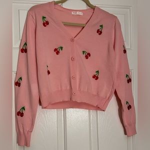 Cherry Pattern Button Front Cardigan & Cami Knit Top